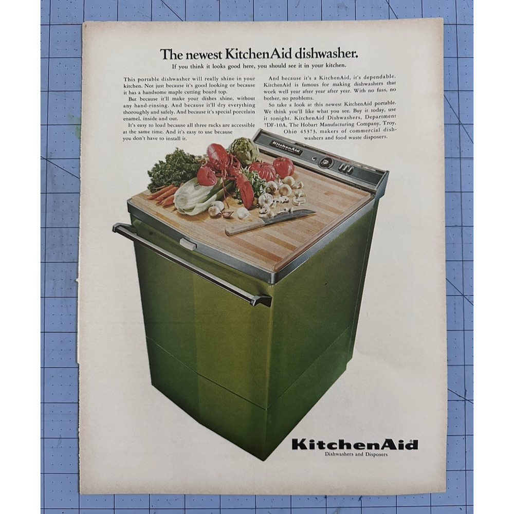 1967 Print Ad Kitchen Aid Dishwasher Portable Butcher Block Top